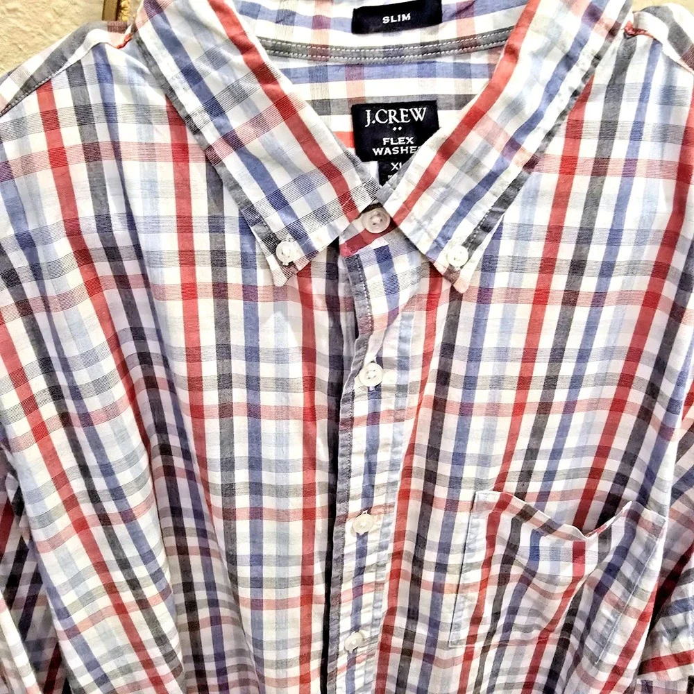 J Crew Shirt Mens XL Red Blue Plaid Button Down Slim‎ Flex Washed Casual Preppy